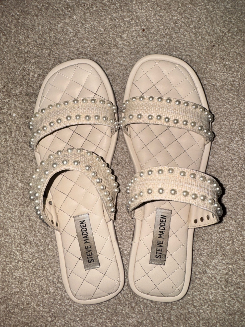 Steve Madden Cream Pearl-Trim Woven Strap Sandals